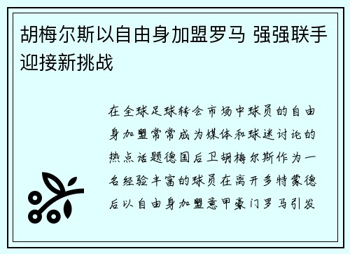 胡梅尔斯以自由身加盟罗马 强强联手迎接新挑战 胡梅尔斯以自由身加盟罗马 强强联手迎接新挑战